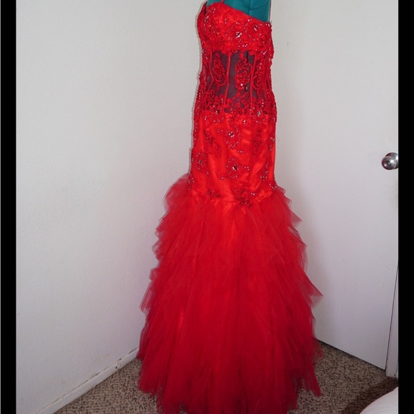 JASZ COUTURE HOT SEXY RED LACE MERMAID SATIN TULLE FORMAL DRESS SIZE 12 - Picture 6 of 8